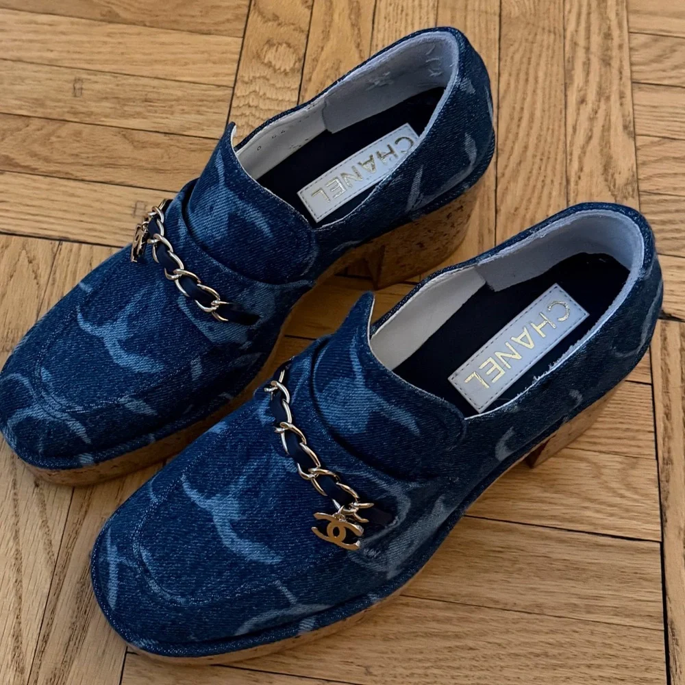 Chanel Denim Platform Loafers/clogs with Chain Accent - Blue